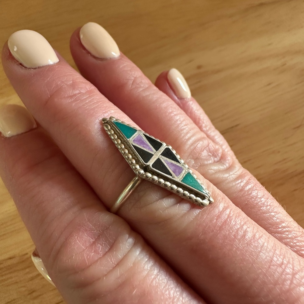 Geometric Silver Ring with Purple and Green inlay accents - Picture 8 of 14